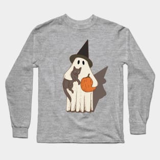 Vintage Ghost with Cat Halloween Graphic Long Sleeve T-Shirt